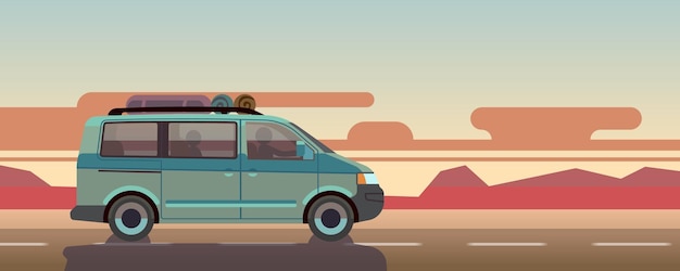 Unidad de automóvil en el fondo de la puesta de sol Ilustración de vector de viaje de automóvil de dibujos animados