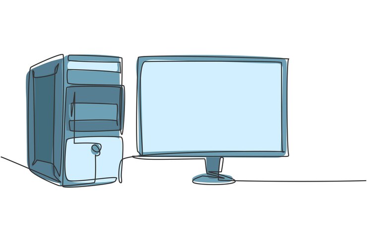 Vector unidad de computadora con cpu de dibujo de línea continua única y monitor de pantalla para pequeñas empresas desde casa