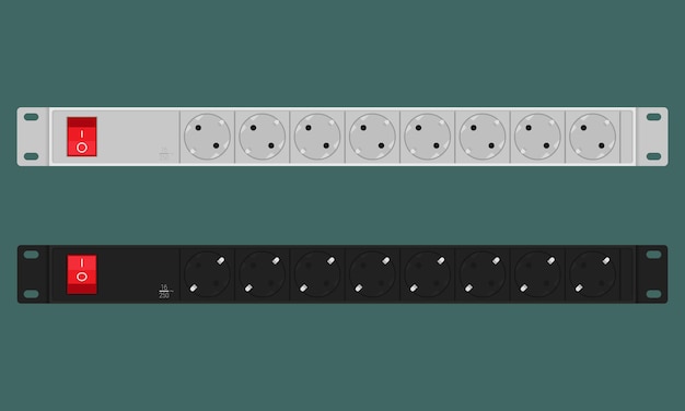 Unidad de distribución de energía con 8 tomas de tipo F Rackmount panel 1U para rack de servidor de 19 pulgadas Ilustración vectorial en estilo plano