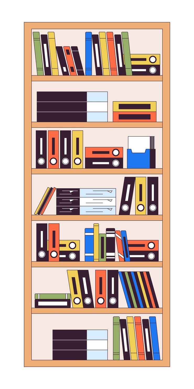 Unidad de estantería con archivos y carpetas objeto de dibujos animados lineal 2D