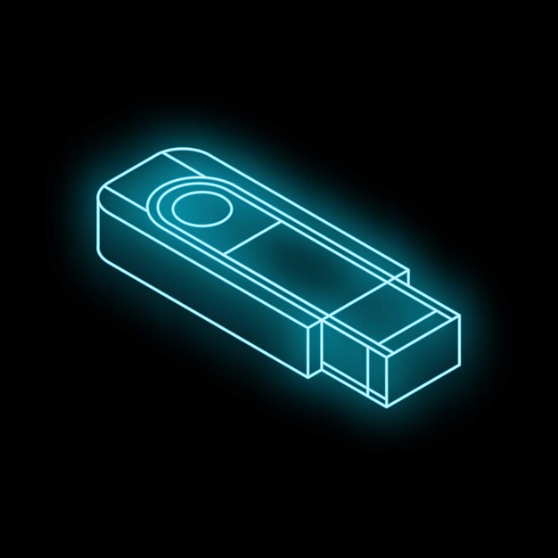Una unidad flash USB azul neón que brilla sobre un fondo negro