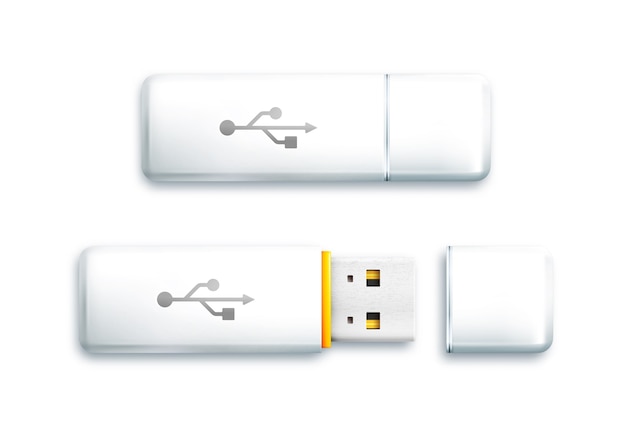 Unidad flash USB sobre fondo blanco. Unidad flash blanca abierta y cerrada.