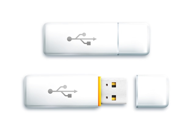 Vector unidad flash usb sobre fondo blanco. unidad flash blanca abierta y cerrada.