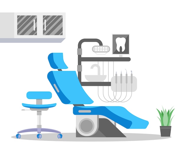 Unidad de sillón dental con piezas de mano ajustables, lavabo, lámpara y estantes. Equipo de odontología moderna. Oficina del dentista. Interior de la clínica de odontología o estomatología