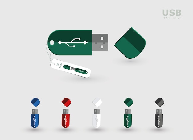 Una unidad USB Pen en cinco colores diferentes Ilustración de una unidad flash USB aislada