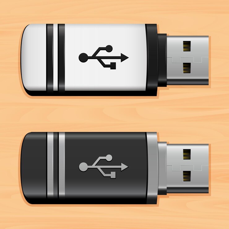 Vector unidades flash usb sobre fondo de madera