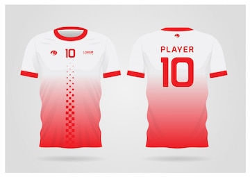 Uniforme de camiseta fútbol blanco rojo para el club de fútbol, vista frontal y posterior de la camiseta | Vector Premium