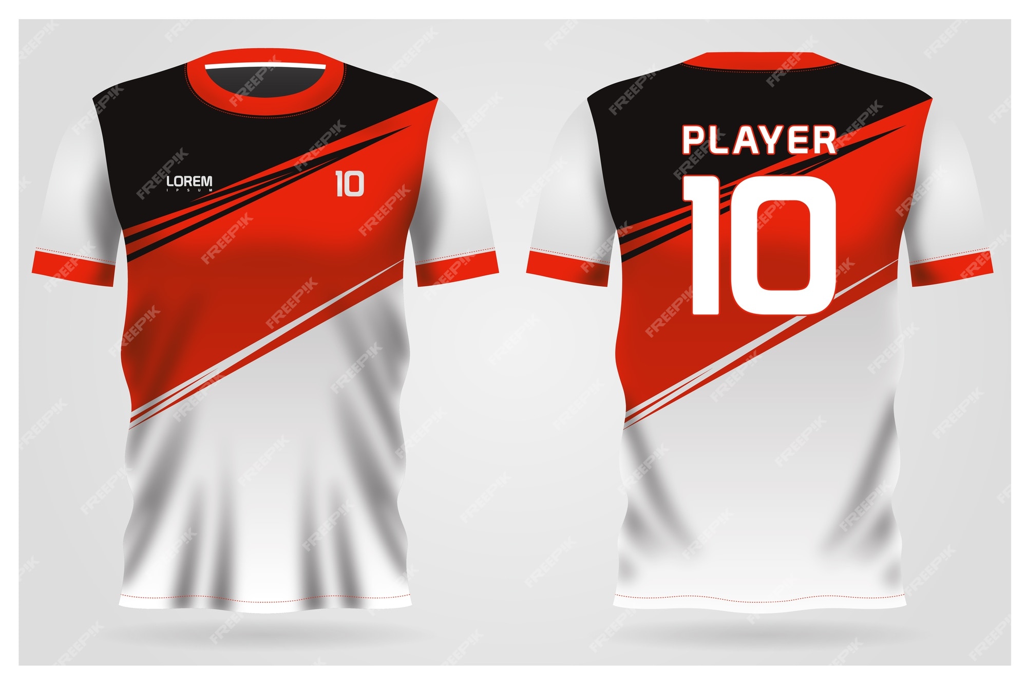 Uniforme camiseta de fútbol blanco rojo negro para el club de fútbol, vista frontal posterior de la camiseta | Vector