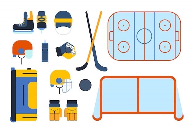 Vector uniforme de hockey y accesorios en estilo plano.