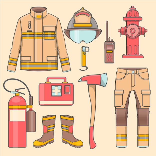 Vector uniformes de bombero y primeros conjuntos de instrumentos de ayuda e instrumentos.