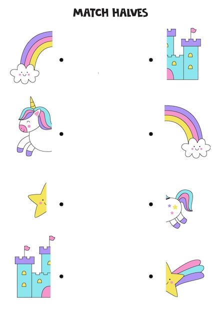 Unir partes de elementos de unicornio juego lógico para niños