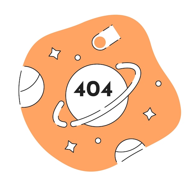 Universo y exploración espacial error blanco negro 404 mensaje flash Planeta y satélites monocromo estado vacío diseño de interfaz de usuario Página no encontrada imagen de dibujos animados emergente Concepto de ilustración de contorno plano vectorial