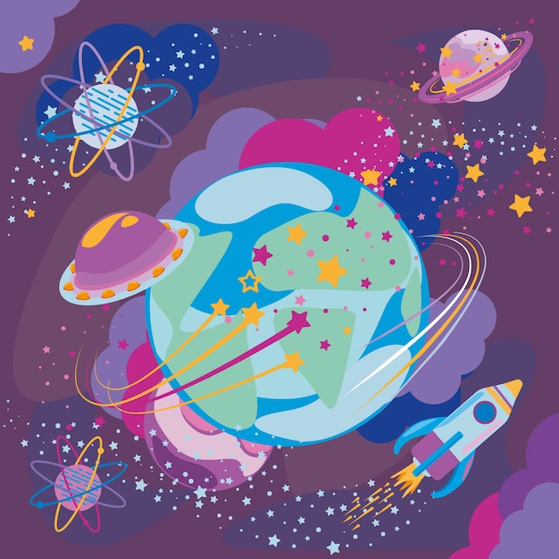 Universo de nave espacial de dibujos animados y planetas Diseño de niños Ilustración vectorial