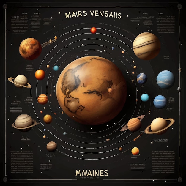 Universo vectorial cuerpos celestes cósmicos Marte Venus planetas y sol cartel de ayuda educativa de espalda negra