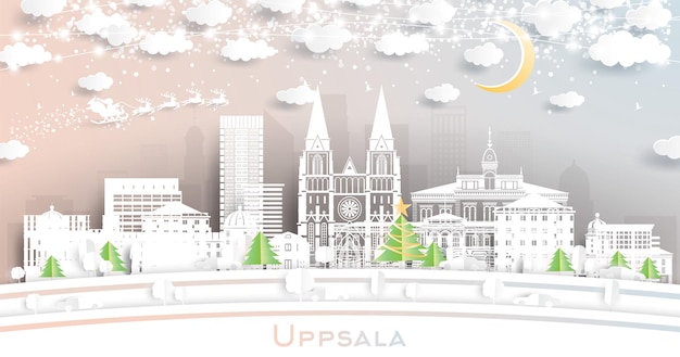 Vector uppsala suecia horizonte de la ciudad de invierno en estilo paper cut con copos de nieve luna y guirnalda de neón concepto de navidad año nuevo papá noel en trineo uppsala paisaje urbano con puntos de referencia