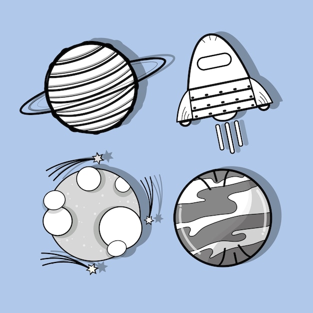 Urano, venus, luna y cohete en el espacio