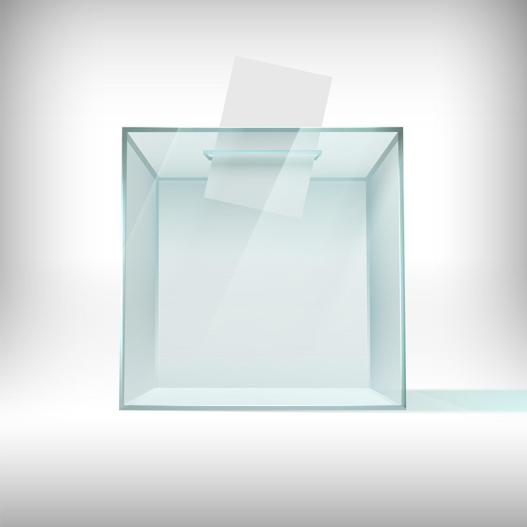 Vector urna electoral. recipiente de votación de vidrio transparente con papeleta que cae. encuesta caja de plástico, concepto de vector 3d de elección de presidente de estados unidos 2020. contenedor para encuesta, ilustración de caja de vidrio transparente