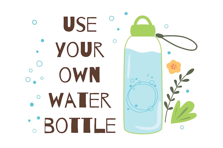 Vector usa tu propia botella de agua detener la contaminación plástica byob botella de dibujos animados dibujada a mano con elemento de vector de agua