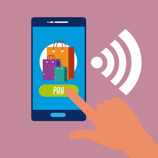 Usando el teléfono inteligente para comprar dibujos animados concepto en línea