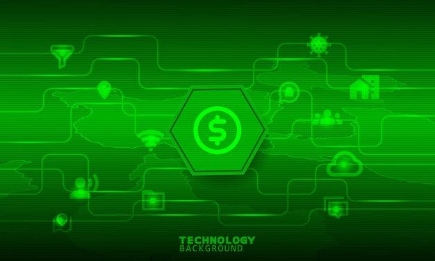 USD Icono de círculo en un hexágono verde. Concepto de conexión y comunicación.