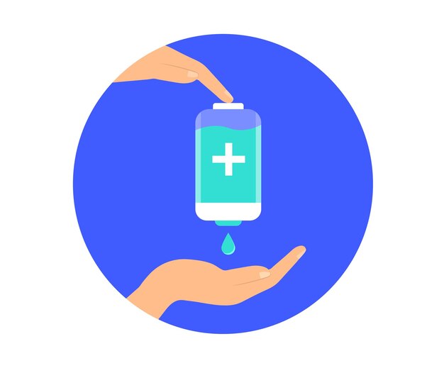 Use desinfectante para manos. Desinfectante antibacteriano. Medidas preventivas. diseño plano.