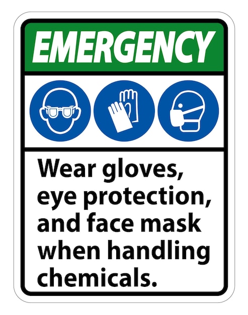 Use guantes de emergencia, protección para los ojos y máscara facial. Lógico aislado en fondo blanco Ilustración vectorial EPS10