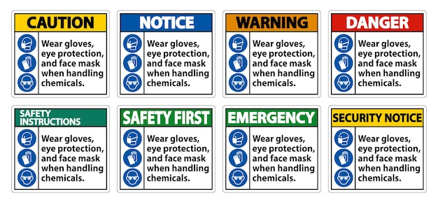 Use guantes de protección para los ojos y máscara facial Signo aislado en fondo blanco Ilustración vectorial EPS10