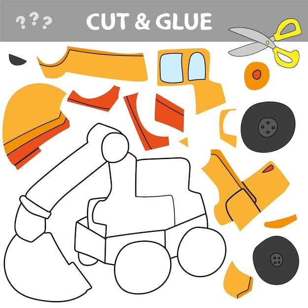 Use tijeras y pegamento y restaure la imagen dentro del contorno. Fácil juego educativo en papel para niños. Aplicación sencilla para niños con excavadora