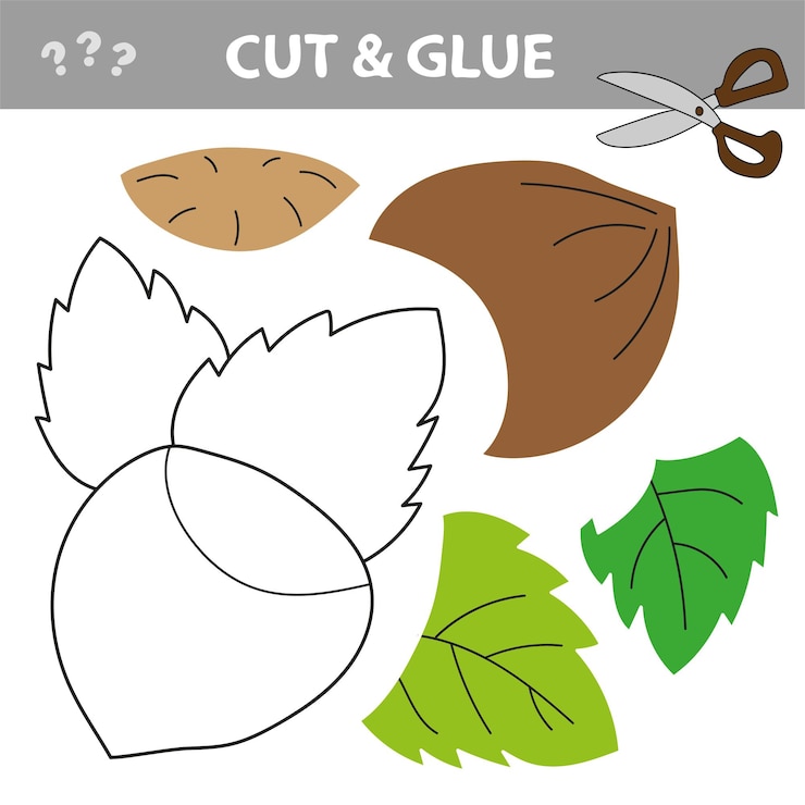Vector use tijeras y pegamento y restaure la imagen dentro del contorno. fácil juego educativo en papel para niños. aplicación sencilla para niños con hazelnut.