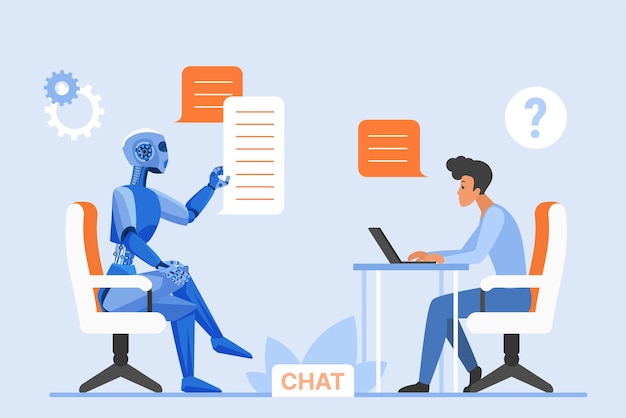 User y chat bot conversación chatgpt hombre pequeño sentado en el escritorio de la computadora para escribir texto