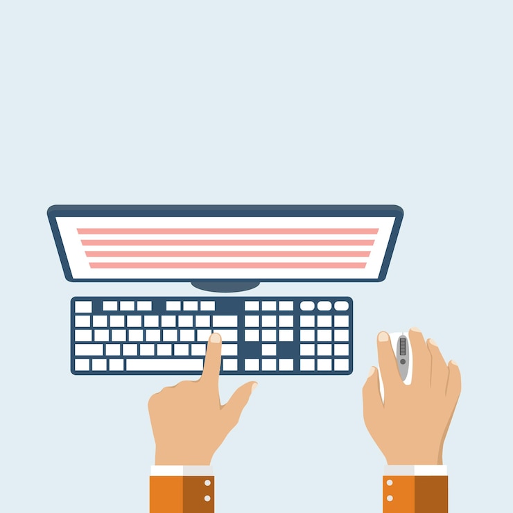 Vector user39s manos en el teclado y el mouse de la computadora concepto de trabajador de oficina de escritorio computadora internet escribiendo ilustración de vector de diseño de estilo plano programador de concepto moderno