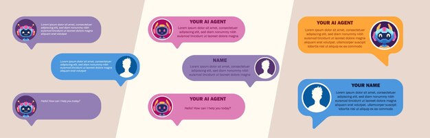 Users dialog with ai chatbot or ai agent Characters chatting with robot asking questions