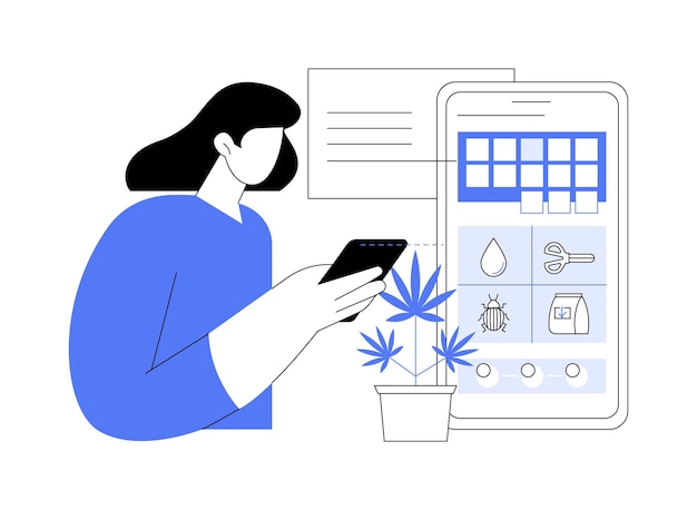 Uso de aplicación para el cultivo de cannabis ilustraciones vectoriales de dibujos animados aislados cultivador urbano uso de aplicación para teléfono inteligente