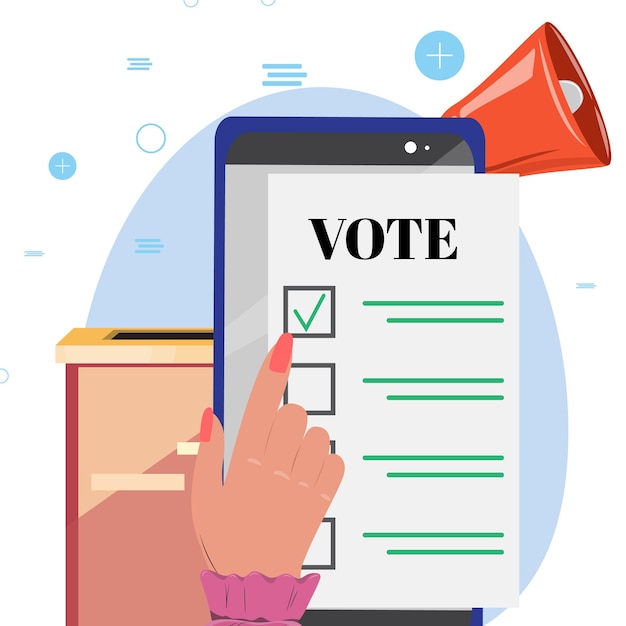 El uso de la aplicación de votación a mano en el teléfono caja de votación y megáfono visible en el fondo
