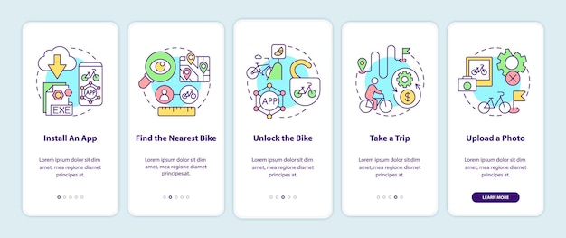 Uso de bicicletas compartidas en la pantalla de la página de la aplicación móvil incorporada. Instalación de la aplicación y recorrido paso a paso instrucciones gráficas de 5 pasos con conceptos. UI, UX, plantilla de vector de GUI con ilustraciones en colores lineales