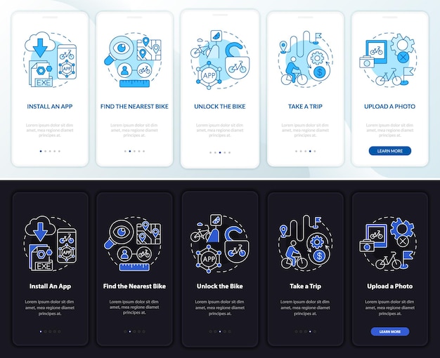 Uso de bicicletas compartidas en la pantalla de la página de la aplicación móvil incorporada. Tomando un recorrido paso a paso instrucciones gráficas de 5 pasos con conceptos. UI, UX, plantilla de vector GUI con ilustraciones lineales en modo día y noche