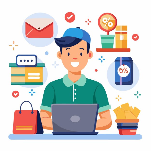 El uso de la computadora portátil para compras en línea con descuentos y entrega