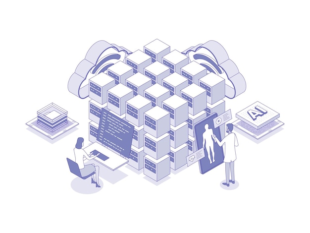Vector uso de inteligencia artificial para la extracción de datos médicos, una herramienta poderosa para analizar grandes cantidades de datos inteligencia artificial en la ilustración isométrica lineal de atención médica
