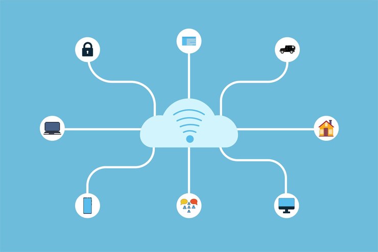 Vector uso de internet a través de wifi y conexión de redes sociales servicio de internet en línea con vector de icono de red uso del servicio wifi en todas partes concepto de red de redes sociales conexión de señal wifi