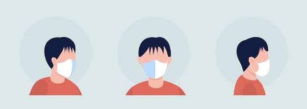 El uso de una máscara blanca delgada de color semi plano conjunto de avatar de carácter vectorial. Retrato con respirador de vista frontal y lateral. Ilustración de estilo de dibujos animados moderno aislado para diseño gráfico y paquete de animación