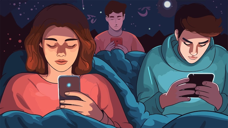 Vector uso nocturno del teléfono en la cama personas que se relajan y usan dispositivos móviles antes de dormir