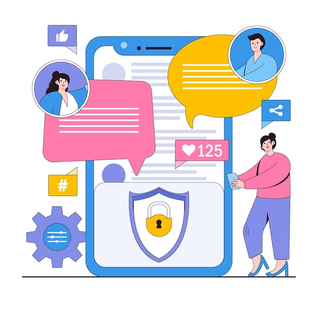 Vector uso seguro de las redes sociales concepto de ilustración vectorial con personajes configuración de privacidad uso compartido seguro seguridad de las redes sociales estilo plano moderno para la página de inicio banner web infografías imágenes de héroes