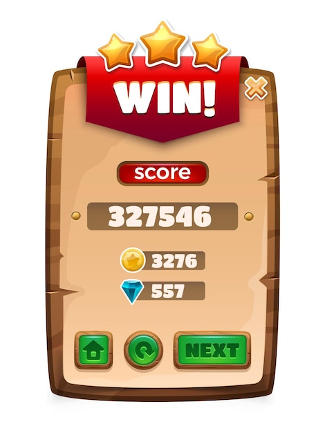 Usted gana el banner del juego Panel de interfaz completo de nivel de dibujos animados con tabla de puntuación e iconos de premios Ilustración de fondo del juego vectorial con menú GUI