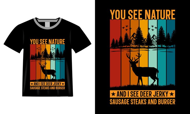 Usted ve la naturaleza yo veo ciervos salchichas secas filetes y hamburguesas caza diseño de camiseta
