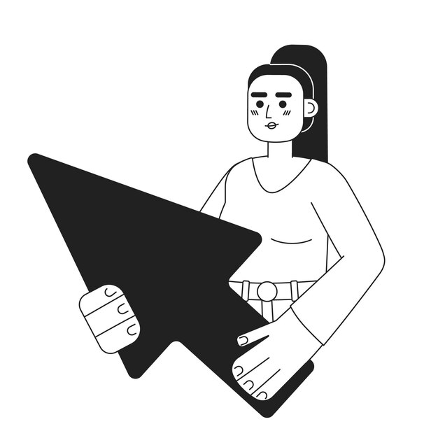Usuario femenino con flecha cursor blanco y negro concepto vector punto ilustración