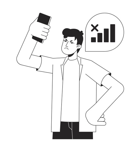 Usuario de gadget que no tiene señal de teléfono bw vector spot ilustración