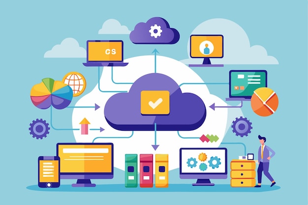 Un usuario interactúa con la sincronización de datos en la nube mostrando varios dispositivos y visualizaciones de datos en un entorno de oficina moderno