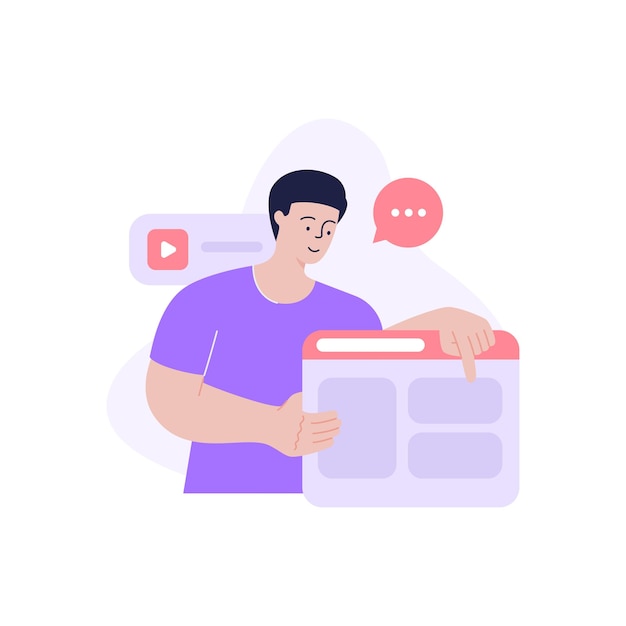 Usuario masculino navegando por el sitio web de Internet buscando información comunicación redes sociales vector ilustración plana Hombre minimalista desplazando el navegador de Internet información moderna servicio digital