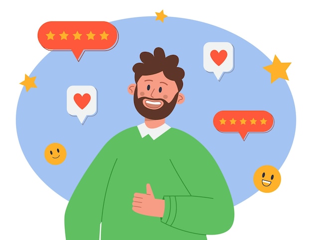 Usuario de medios sociales dejando comentarios positivos. Hombre o cliente que deja una buena revisión y recomendaciones en línea, compartiendo experiencia en ilustraciones vectoriales planas. Tecnología, negocios, concepto de comercio.