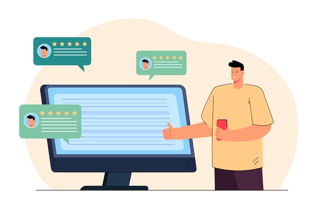 Usuario o empresario y pantalla de computadora con buenos comentarios. Hombre que se va o recibe comentarios positivos y una ilustración vectorial plana de alta calificación. Comentarios de los clientes, tecnología, concepto de comunicación.
